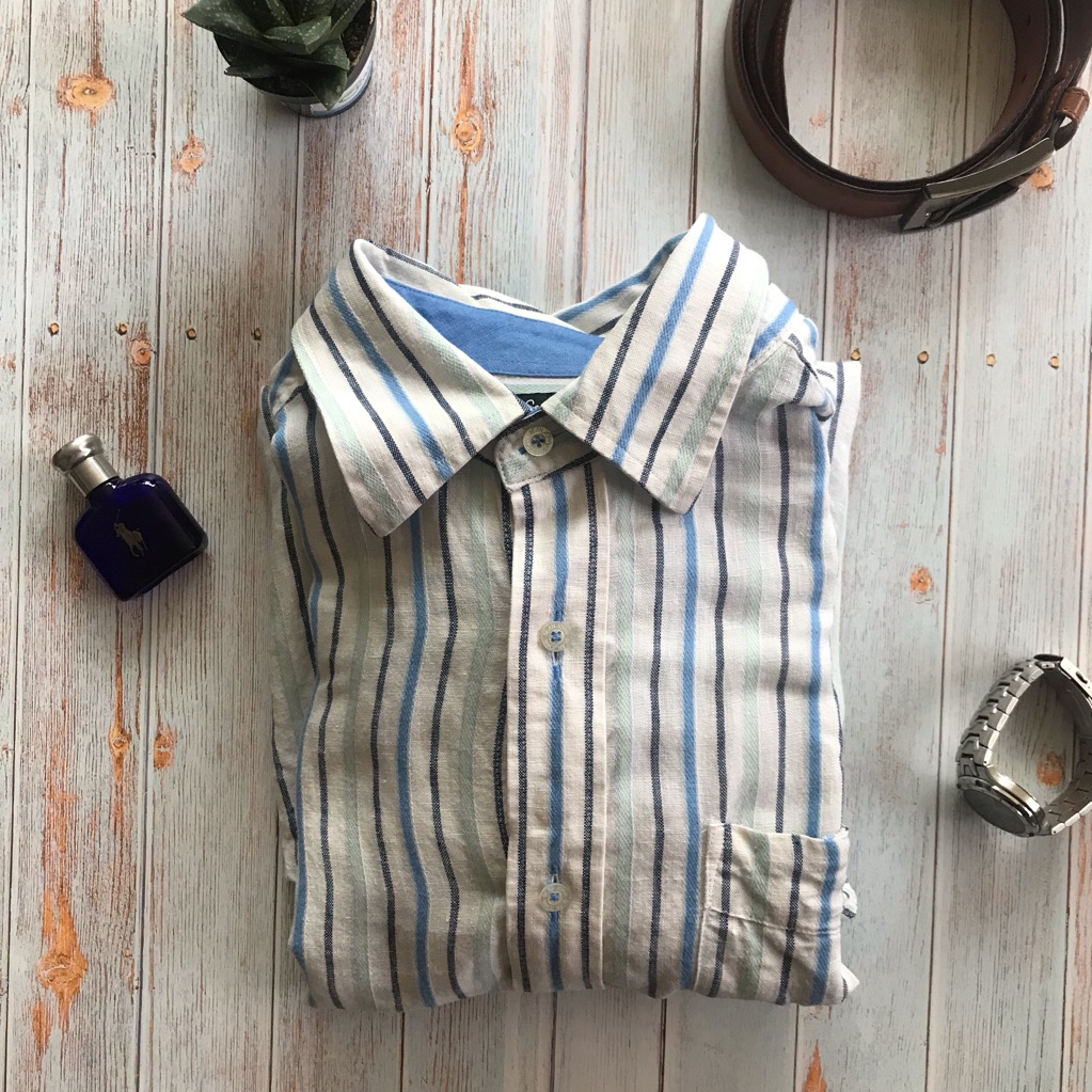 Sean John Linen Striped Button Down Shirt A77
